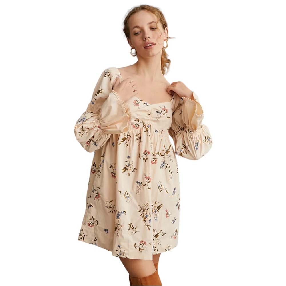 By Anthropologie Long Sleeve Embroidered Mini Fairy Floral Dress Cream Size XS